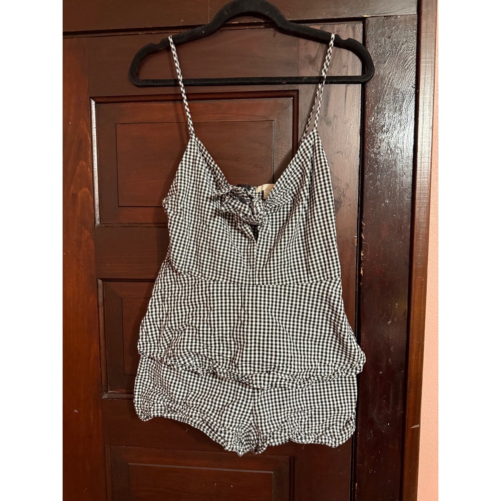 GB Gingham Romper Black White Checkered Tie Front Ruffle Hem P7089D Small
